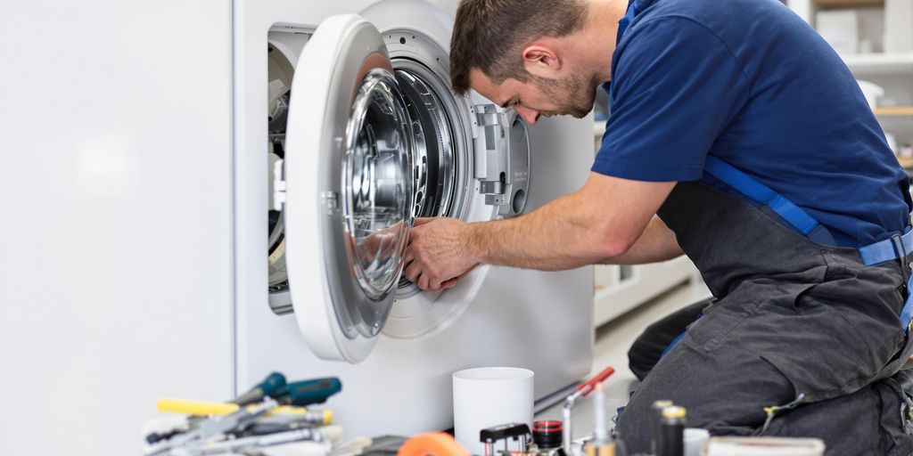 A man in an apron repairs a washing machine, demonstrating hands-on skills and technical expertise in home maintenance.